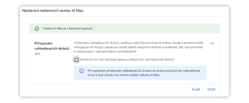 Nastavení reklamních sestav AI Max v Google Ads, s aktivovanou funkcí přiřazování vyhledávacích dotazů využívající umělou inteligenci pro lepší cílení reklam.