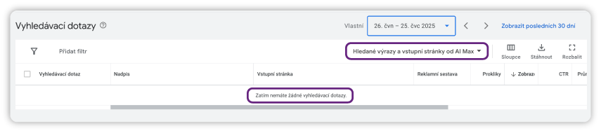 Rozhraní Google Ads s přehledem vyhledávacích dotazů za období 26. června až 25. července 2025, s aktivním filtrem „Hledané výrazy a vstupní stránky od AI Max“ a hláškou „Zatím nemáte žádné vyhledávací dotazy“.