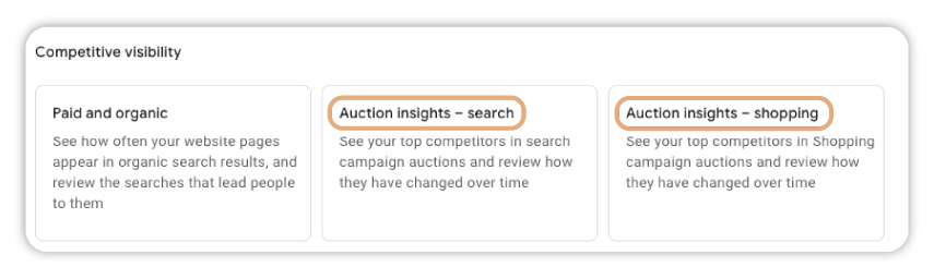 Sekce „Competitive visibility“ se třemi možnostmi: Paid and organic, Auction insights – search a Auction insights – shopping. Dvě možnosti Auction insights jsou zvýrazněné fialovým rámečkem.