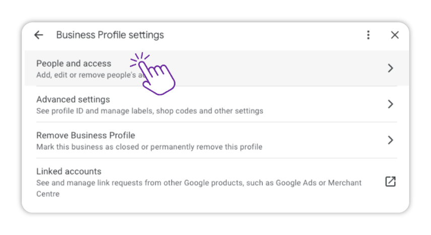 Nabídka nastavení firemního profilu Google s vybranou možností „People and access“, na kterou ukazuje fialový kurzor ve tvaru ruky. Další možnosti zahrnují pokročilá nastavení, odebrání profilu a propojené účty.
